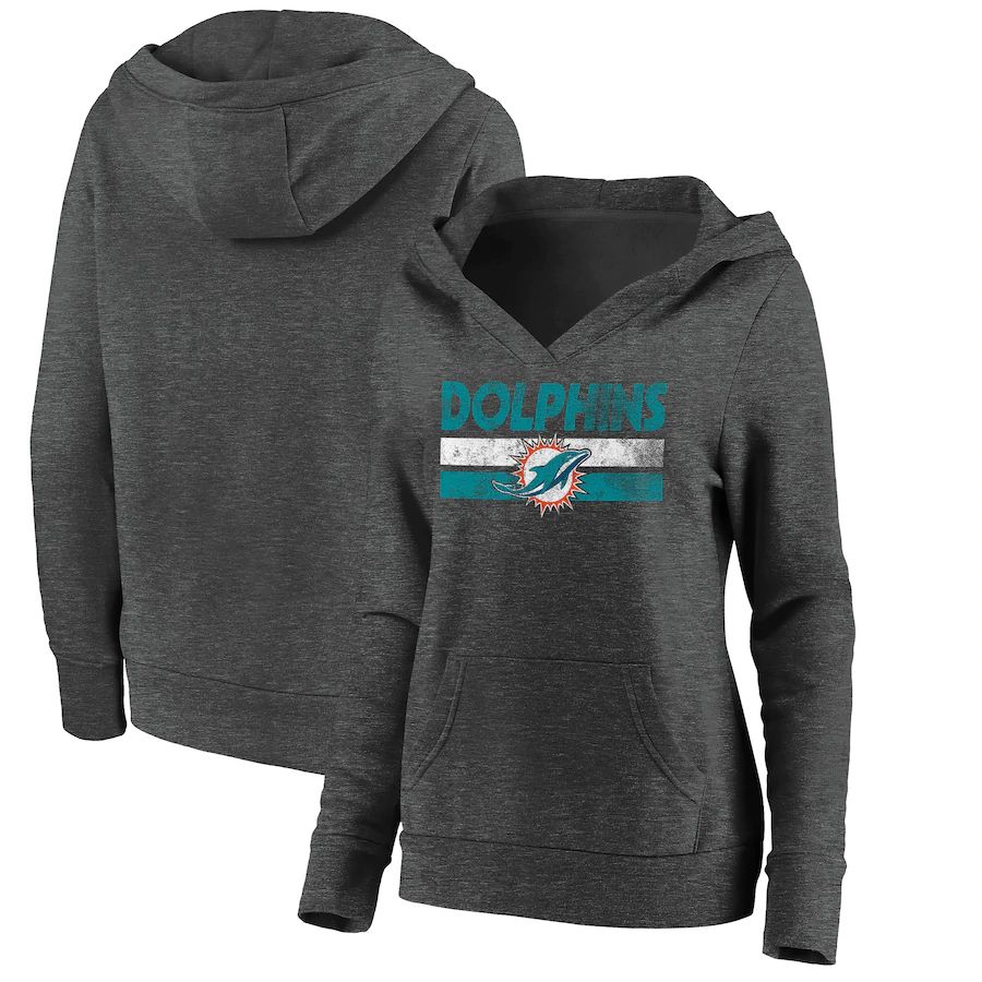Women Miami Dolphins Fanatics Branded Charcoal First String V-Neck Pullover Hoodie